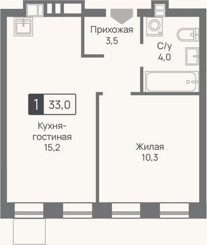 Планировка: 2-к, 33 м²