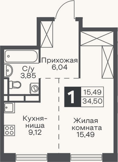 Планировка: Студия, 34,5 м²
