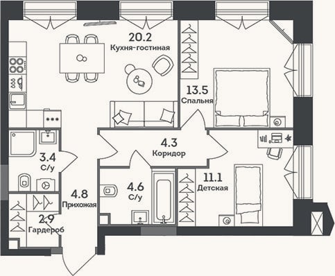 Планировка: 3-к, 64,8 м²