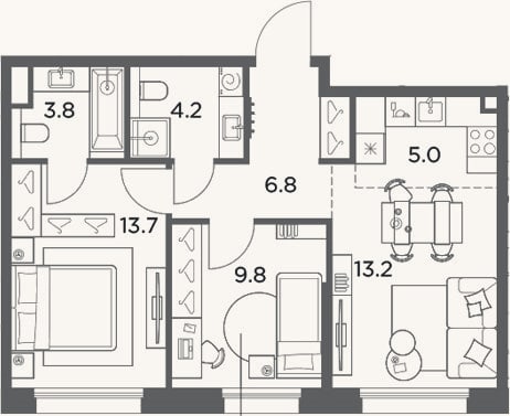 Планировка: 3-к, 56,5 м²