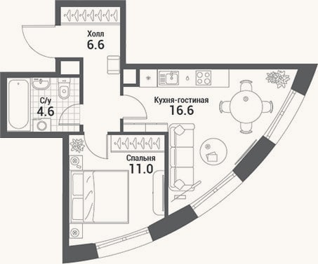 Планировка: 2-к, 38,8 м²