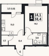 Планировка: 1-к, 36,6 м²