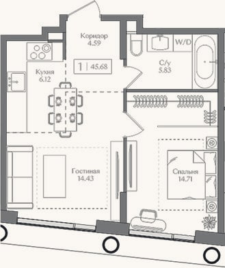 Планировка: 2-к, 45,7 м²