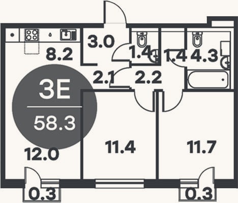 Планировка: 3-к, 57,7 м²