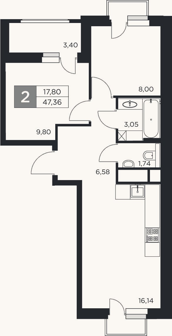 Планировка: 3-к, 45,7 м²