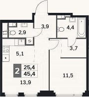 Планировка: 2-к, 45,4 м²