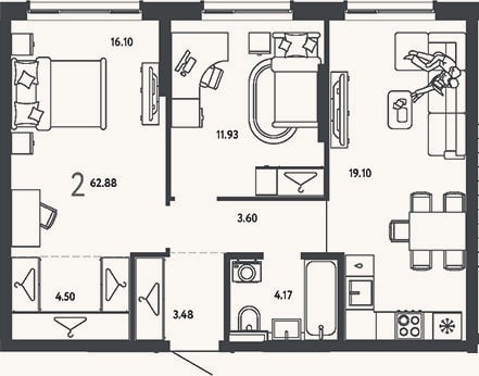 Планировка: 2-к, 62,9 м²