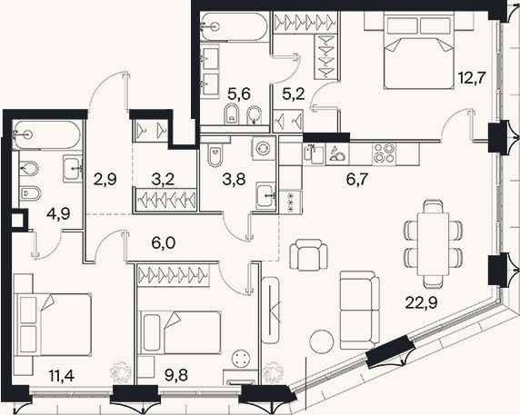 Планировка: 4+ к, 95,2 м²