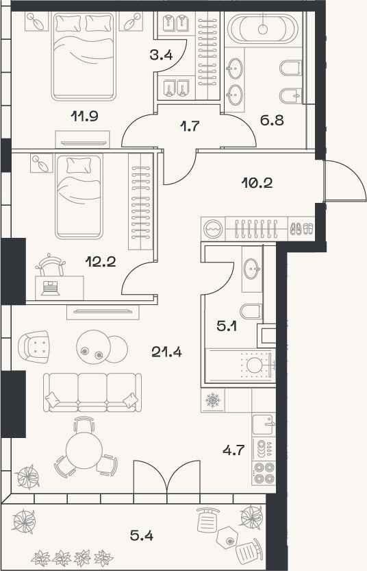 Планировка: 3-к, 77,2 м²