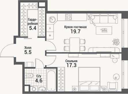 Планировка: 2-к, 52,5 м²