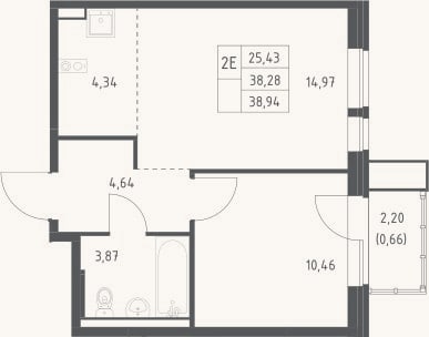 Планировка: 2-к, 38,3 м²
