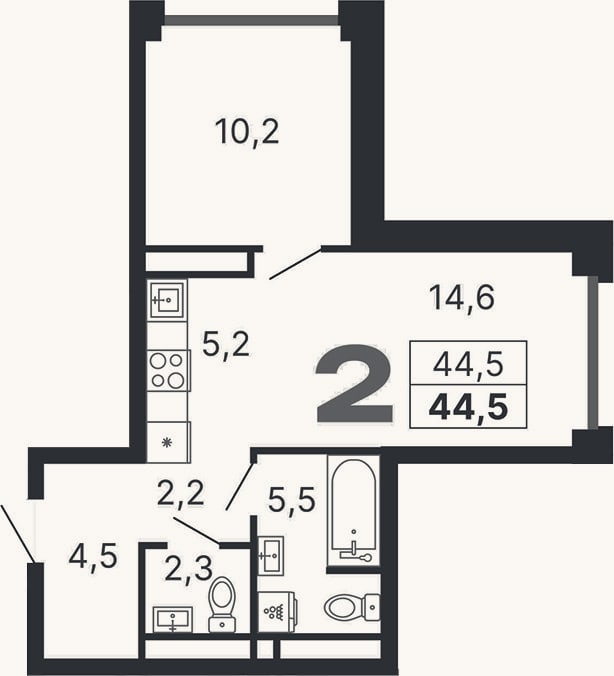 Планировка: 2-к, 44,5 м²