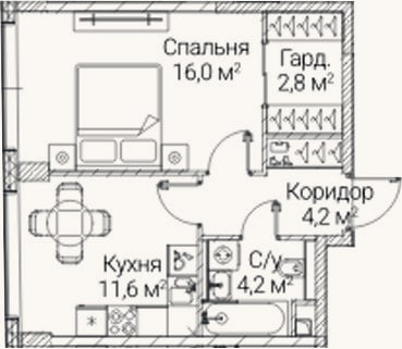 Планировка: 1-к, 38,8 м²