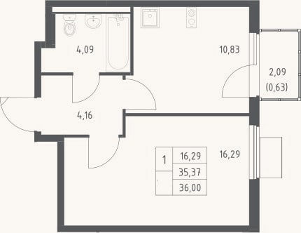 Планировка: 1-к, 35,4 м²