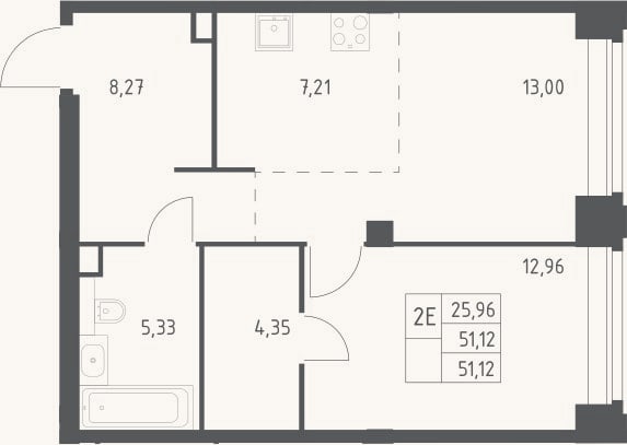 Планировка: 2-к, 51,1 м²