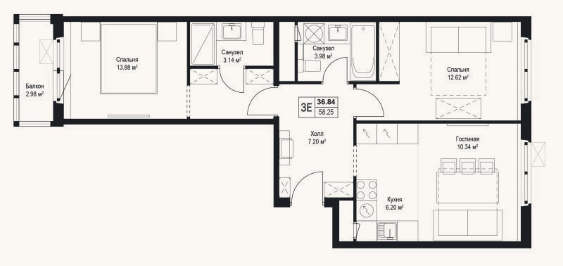 Планировка: 3-к, 57,4 м²