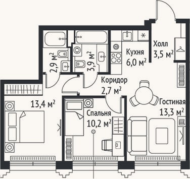 Планировка: 3-к, 55,9 м²