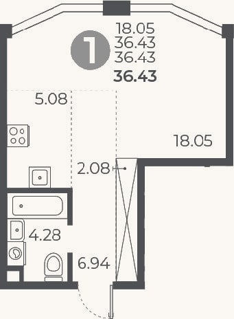 Планировка: Студия, 36,4 м²