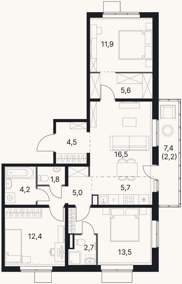 Планировка: 4+ к, 83,8 м²