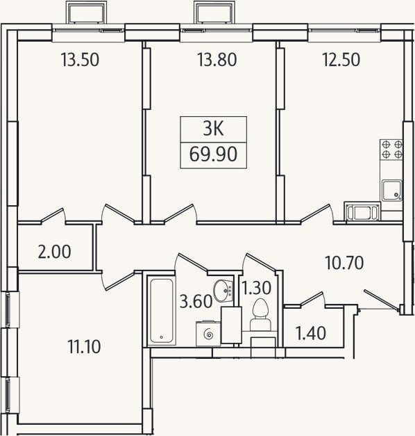 Планировка: 3-к, 69,9 м²