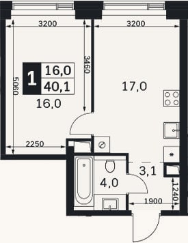 Планировка: 2-к, 40,1 м²