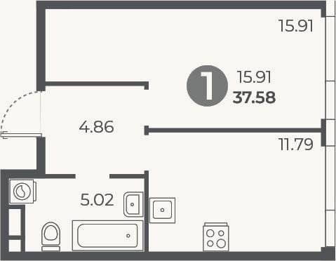 Планировка: 1-к, 37,6 м²