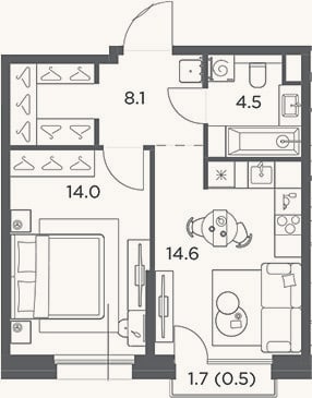 Планировка: 1-к, 41,2 м²