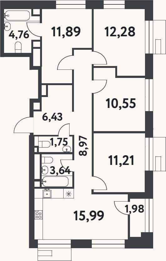 Планировка: 3-к, 87,5 м²
