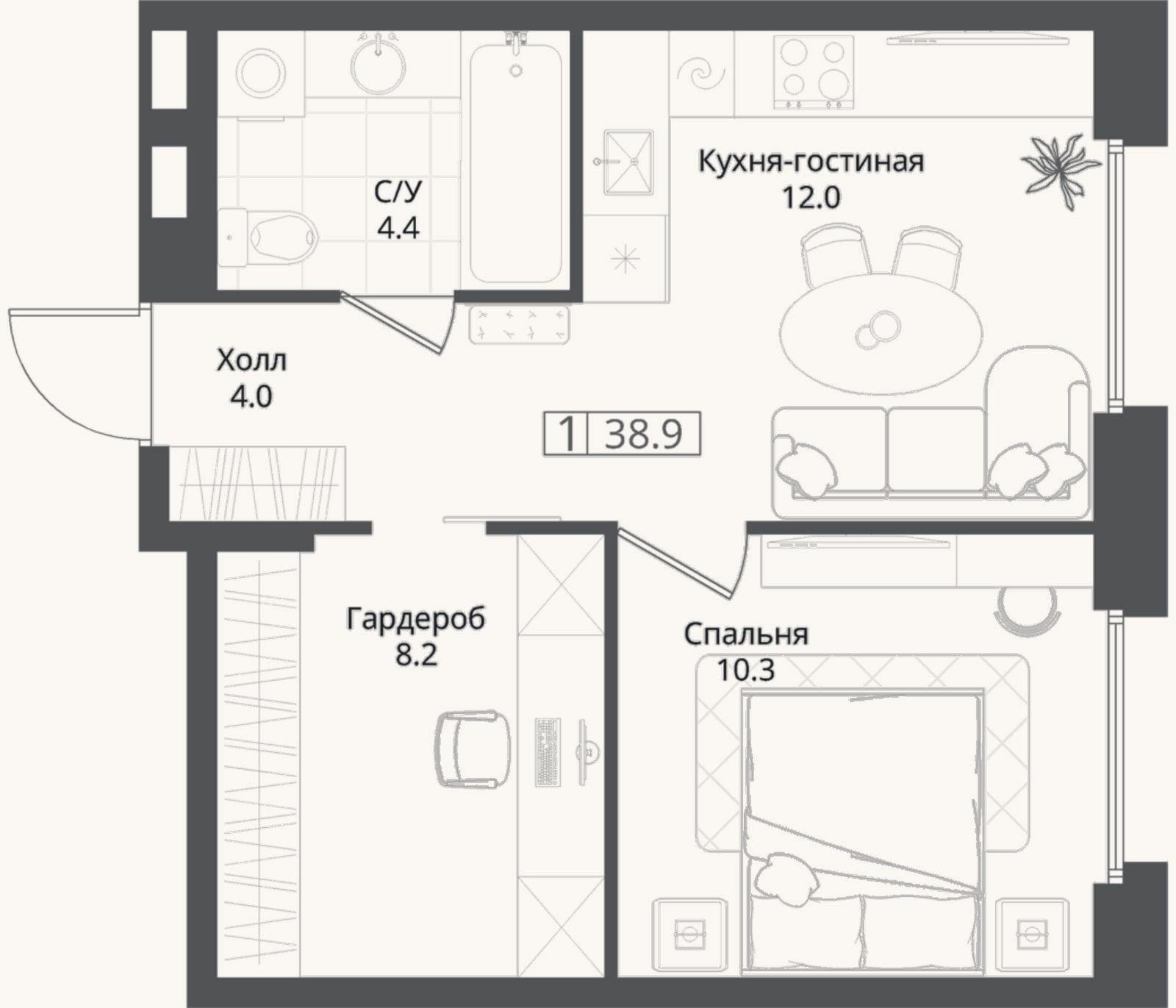 Планировка: 1-к, 38,9 м²