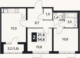 Планировка: 2-к, 53 м²