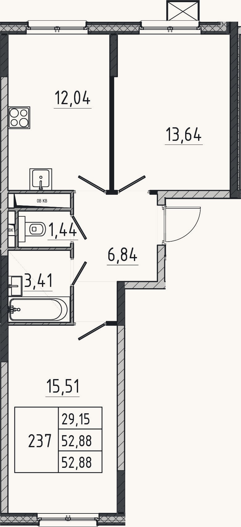 Планировка: 2-к, 52,9 м²
