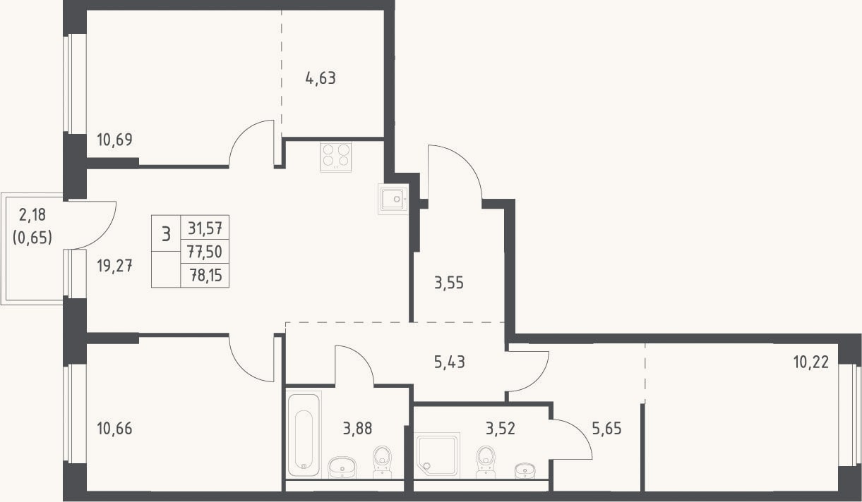 Планировка: 4+ к, 77,5 м²