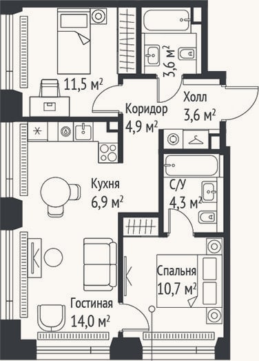 Планировка: 3-к, 59,4 м²