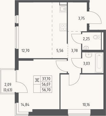 Планировка: 3-к, 56,1 м²