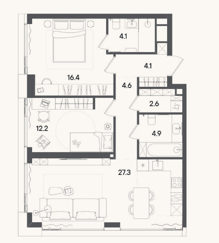 Планировка: 3-к, 77,2 м²
