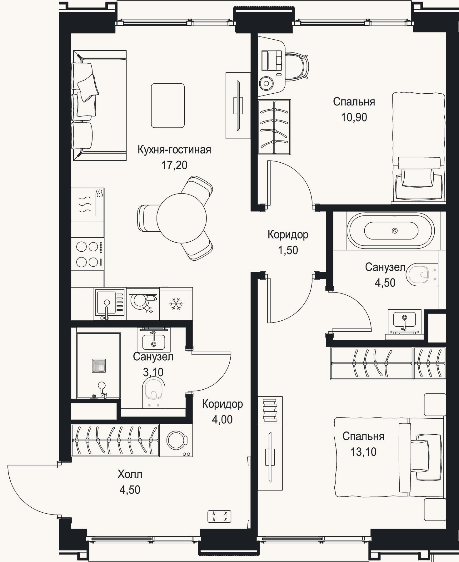 Планировка: 3-к, 58,8 м²