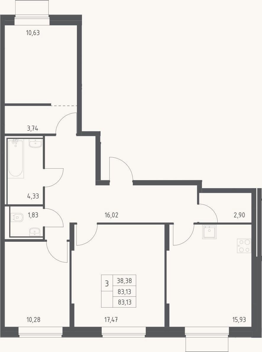 Планировка: 3-к, 83,1 м²