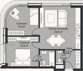 Планировка: 3-к, 55,6 м²