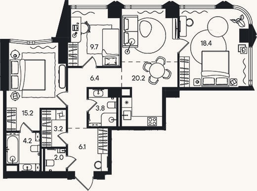Планировка: 4+ к, 89,2 м²