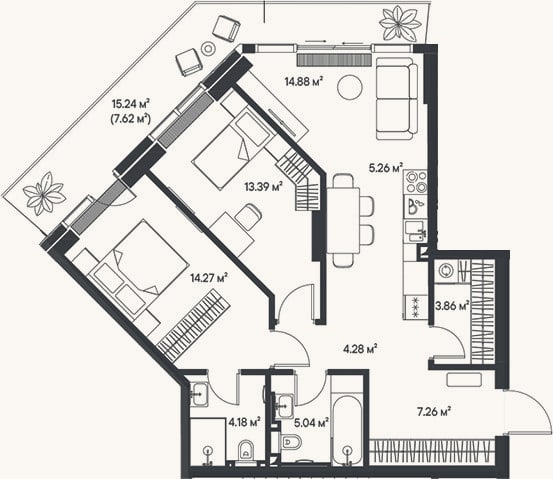 Планировка: 3-к, 72,4 м²
