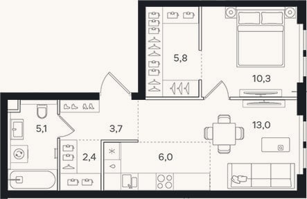 Планировка: 2-к, 46,3 м²