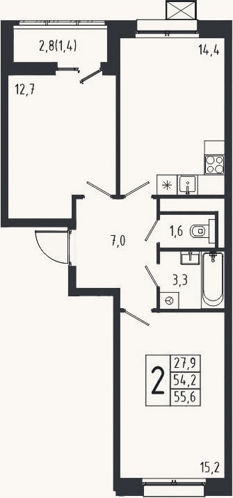 Планировка: 2-к, 54,2 м²