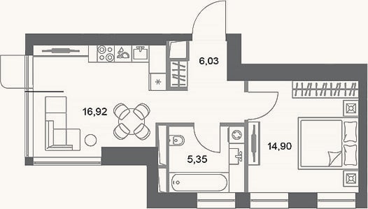 Планировка: 1-к, 43,2 м²