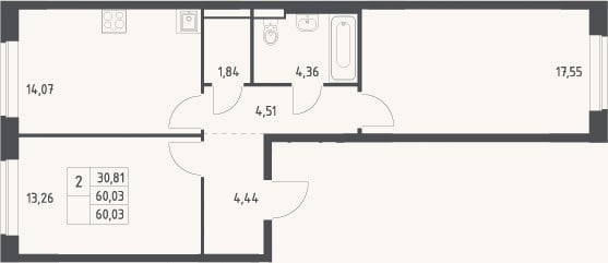 Планировка: 2-к, 60 м²