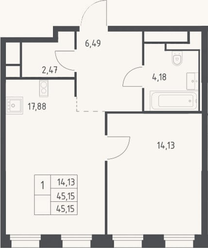 Планировка: 2-к, 45,2 м²