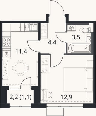 Планировка: 1-к, 32,2 м²