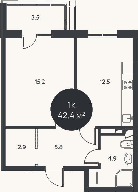 Планировка: 1-к, 41,3 м²