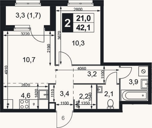 Планировка: 2-к, 40,4 м²