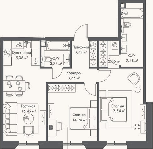 Планировка: 3-к, 75,8 м²