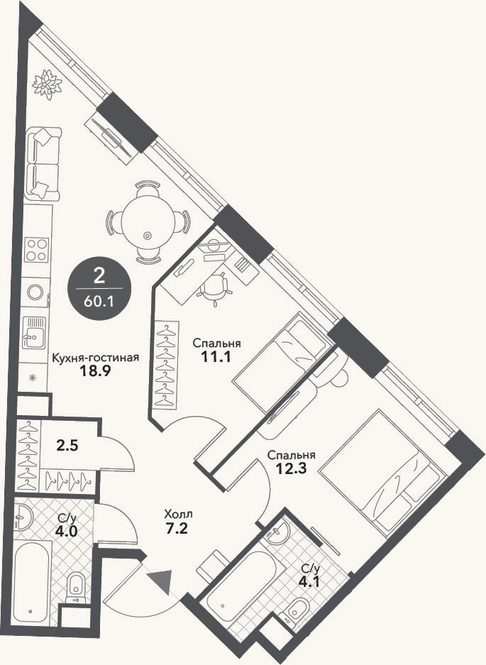 Планировка: 3-к, 60,1 м²